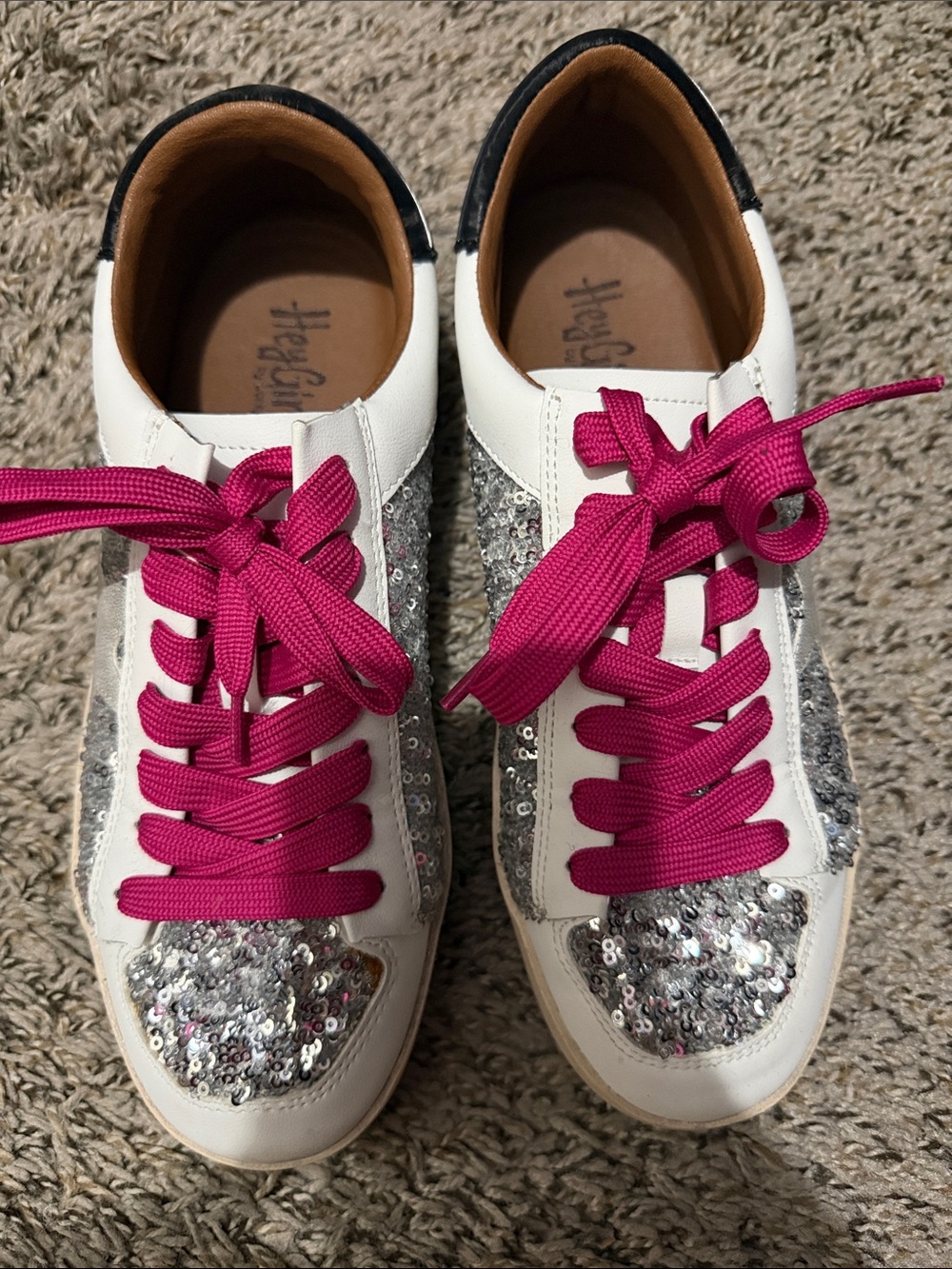 Hey Girl White Sequin Sneakers with Pink Laces